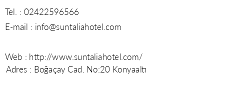 Suntalia Hotel telefon numaralar, faks, e-mail, posta adresi ve iletiim bilgileri